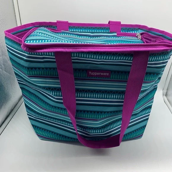 Tupperware Teal and Pink Striped Picnic Suitcase Women's Bag - Picture 5 of 7
